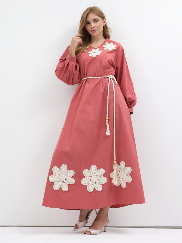 100% Cotton Poplin Belted Dress with Embroidery Detailed - Store WF