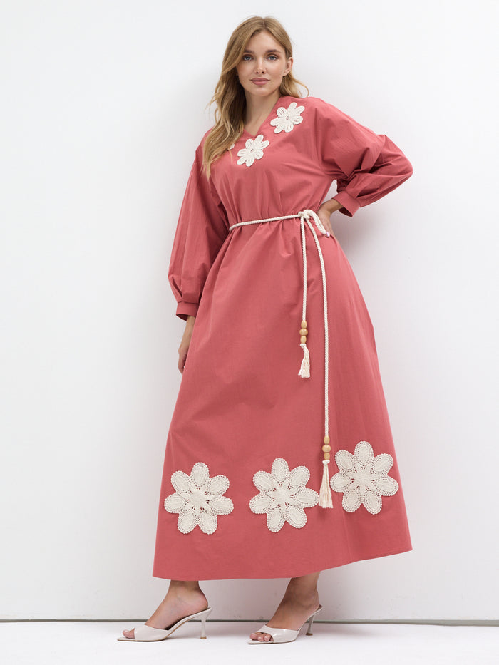 100% Cotton Poplin Belted Dress with Embroidery Detailed - Store WF
