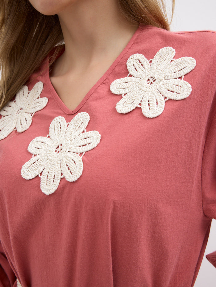 100% Cotton Poplin Belted Dress with Embroidery Detailed - Store WF