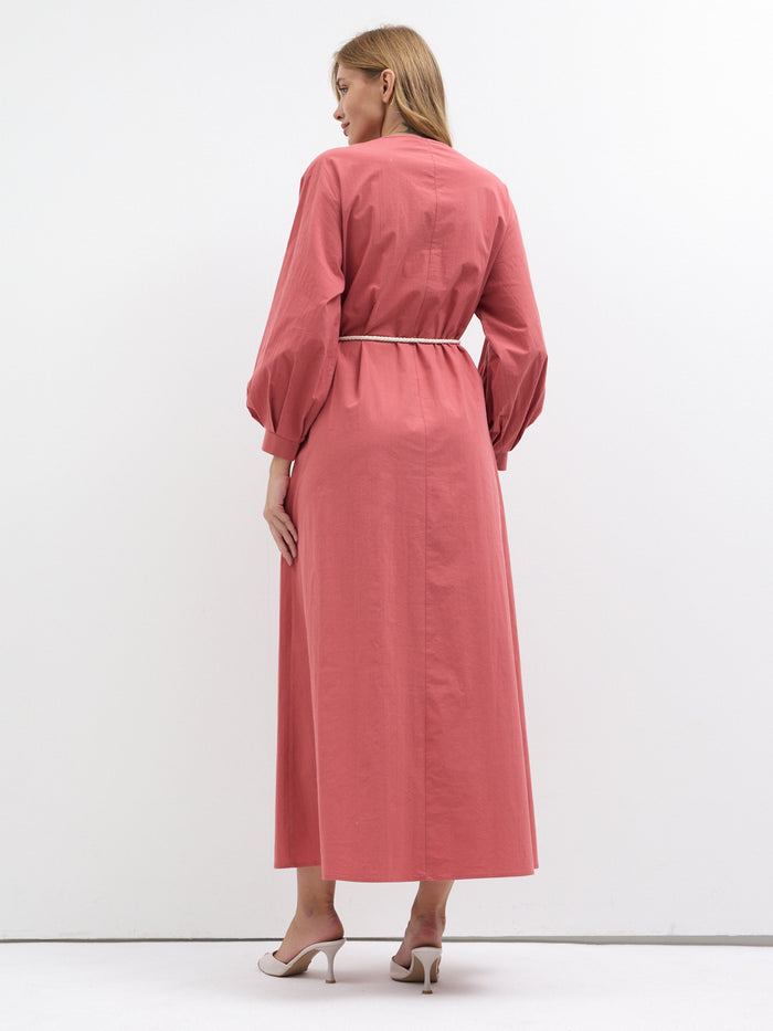 100% Cotton Poplin Belted Dress with Embroidery Detailed - Store WF