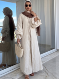 100% Washed Linen Beige Balloon Sleeve Kimono Trousers Set - Store WF