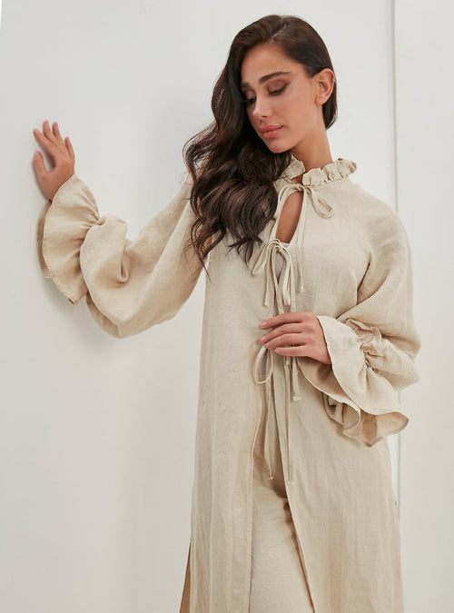 100% Washed Linen Beige Balloon Sleeve Kimono Trousers Set - Store WF