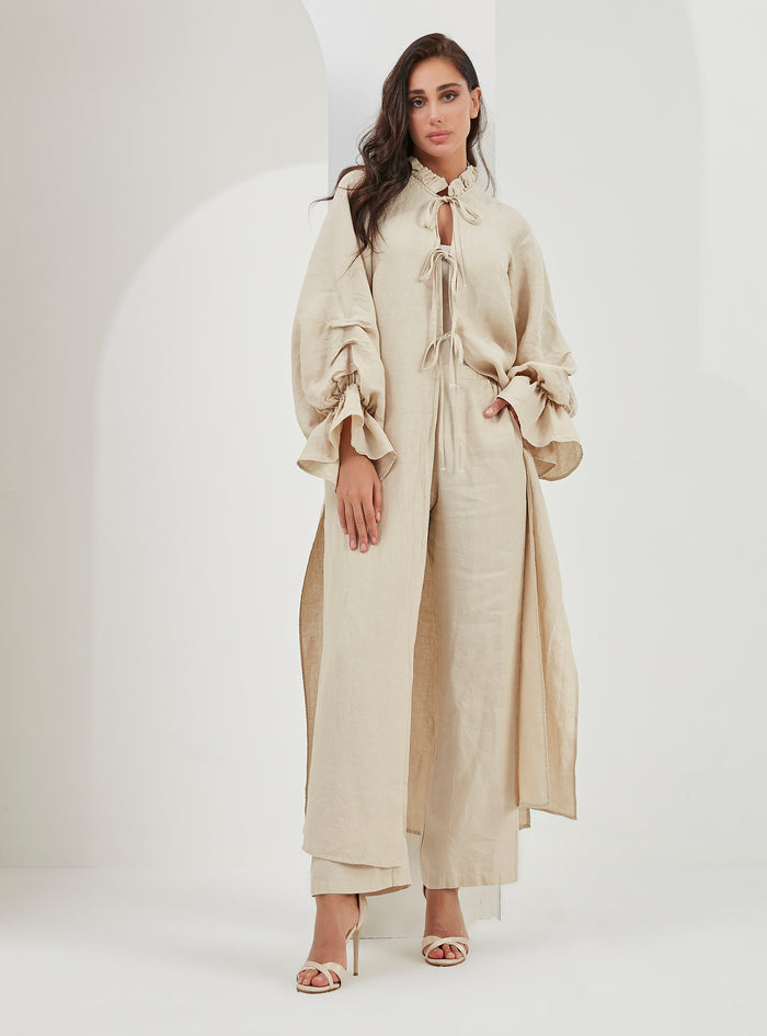 100% Washed Linen Beige Balloon Sleeve Kimono Trousers Set - Store WF