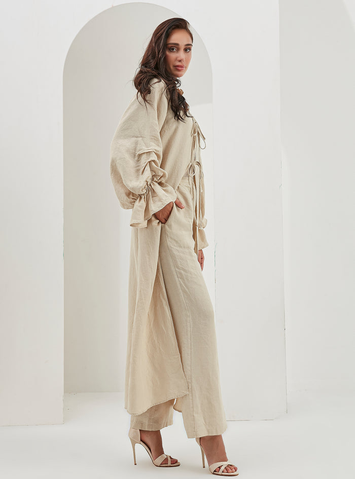 100% Washed Linen Beige Balloon Sleeve Kimono Trousers Set - Store WF