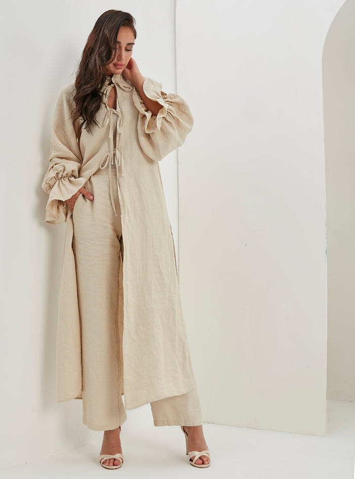 100% Washed Linen Beige Balloon Sleeve Kimono Trousers Set - Store WF