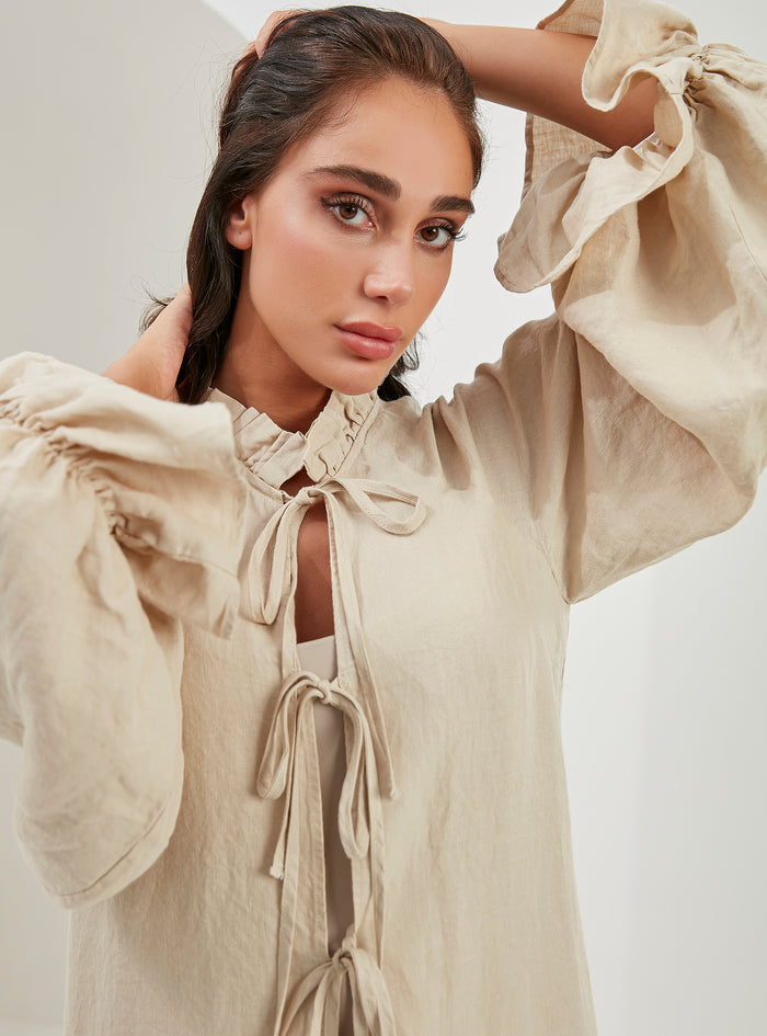 100% Washed Linen Beige Balloon Sleeve Kimono Trousers Set - Store WF