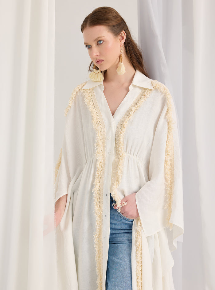 100% Washed Linen Cotton Tassel Shirt Kaftan Dress - Store WF