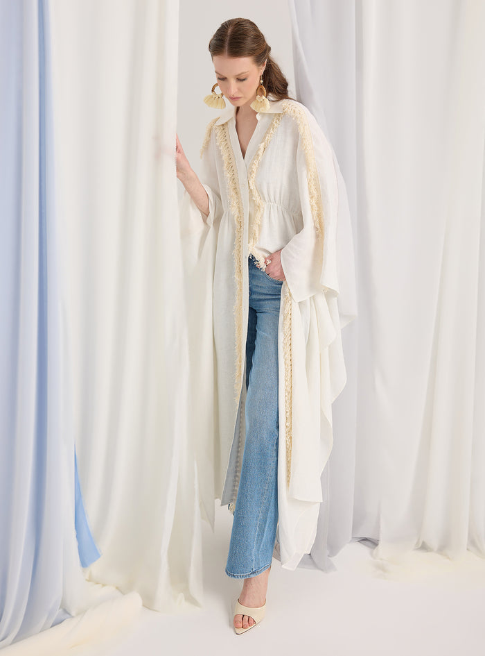 100% Washed Linen Cotton Tassel Shirt Kaftan Dress - Store WF