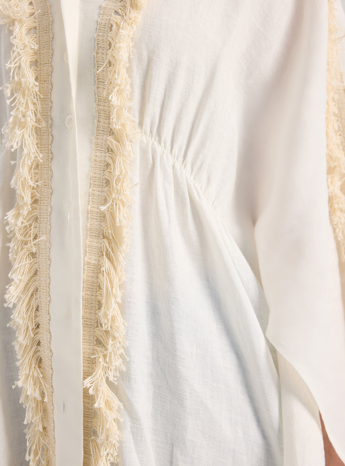 100% Washed Linen Cotton Tassel Shirt Kaftan Dress - Store WF