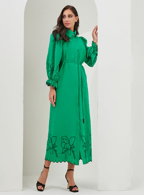 100% Washed Linen Green Embroidery Belted Maxi Dress - Store WF