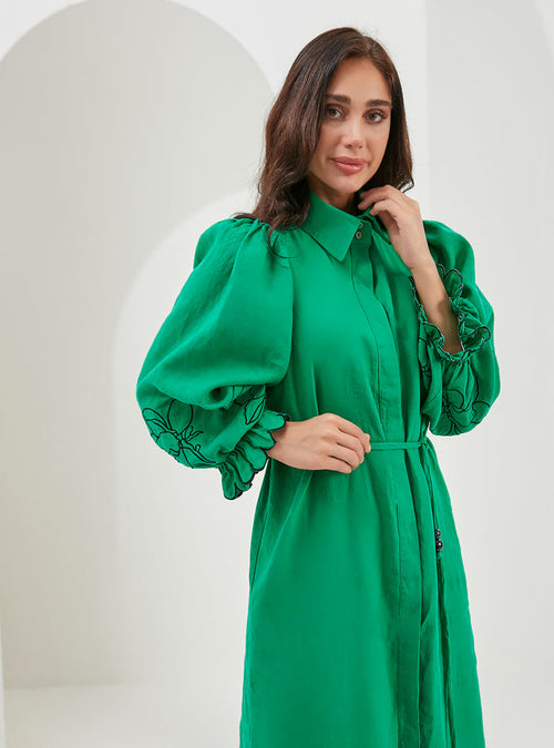 100% Washed Linen Green Embroidery Belted Maxi Dress - Store WF