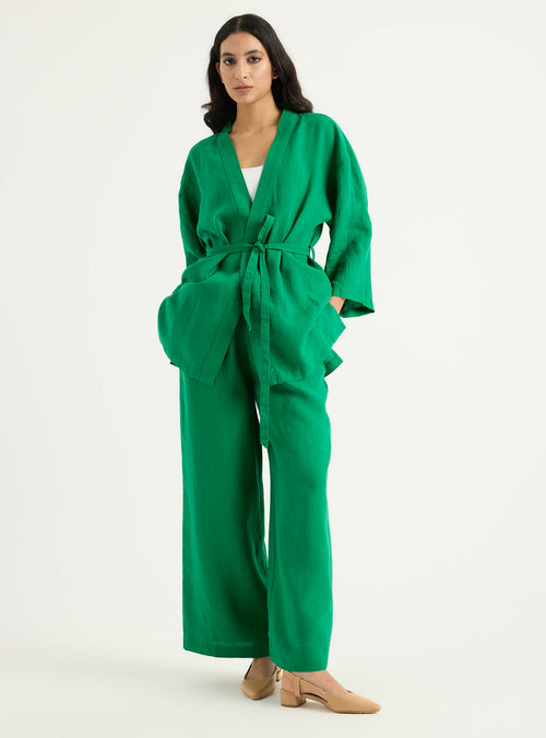 100% Washed Linen Kimono & Trouser Set Green - Store WF