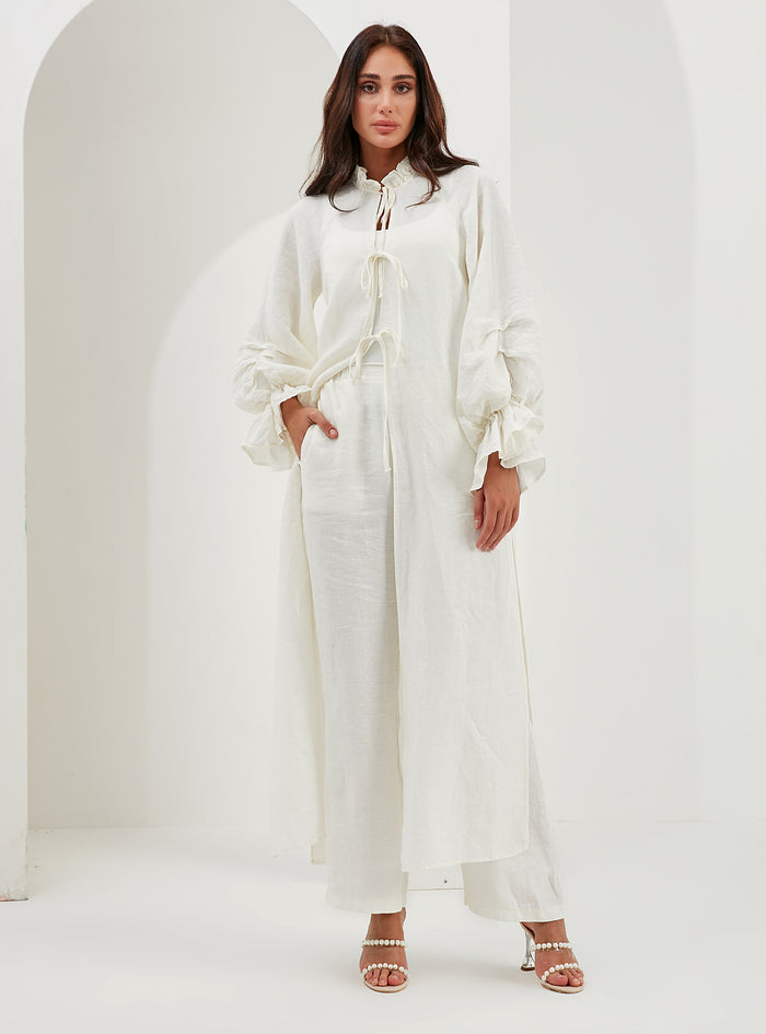 100% Washed Linen Off-White Balloon Sleeve Kimono Trousers Set - Store WF