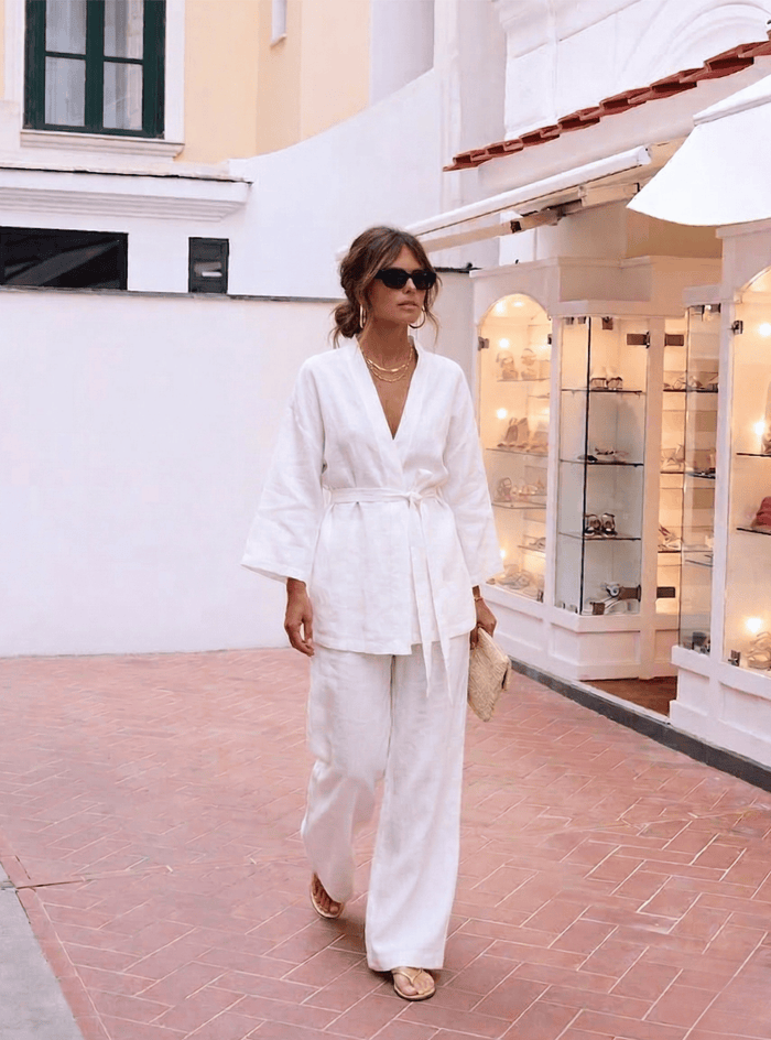 100% Washed Linen White Kimono & Trouser Set - Store WF