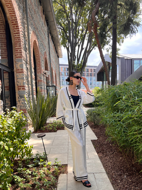 100% Washed Linen White Kimono & Trouser Set - Store WF