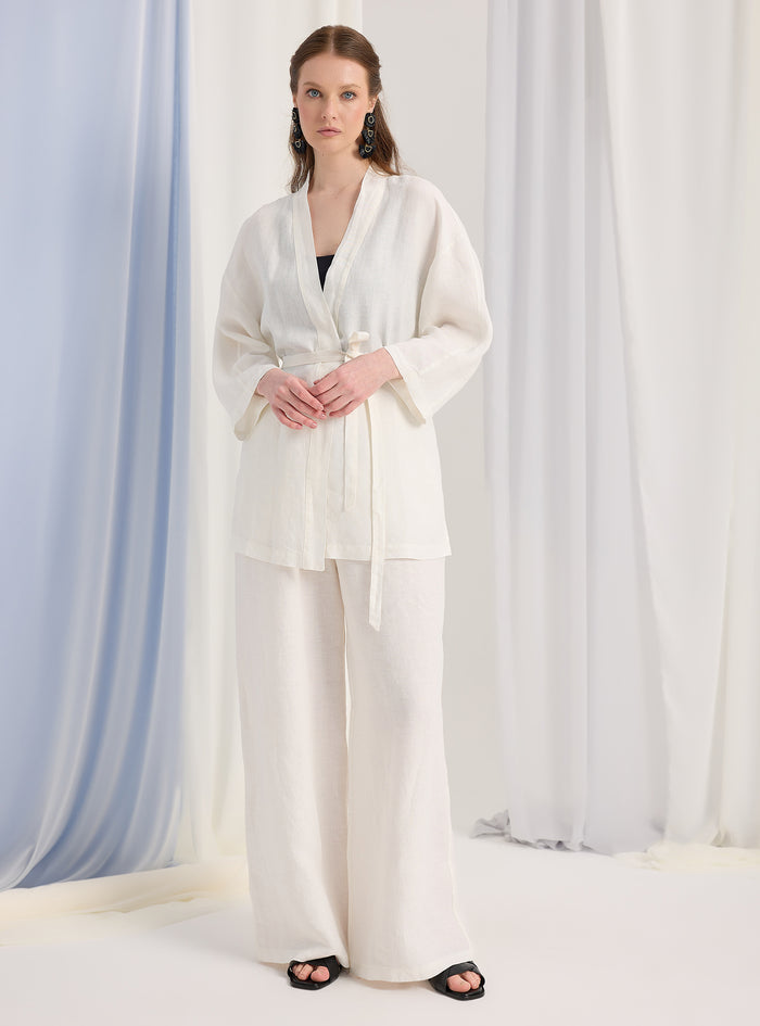 100% Washed Linen White Kimono & Trouser Set - Store WF