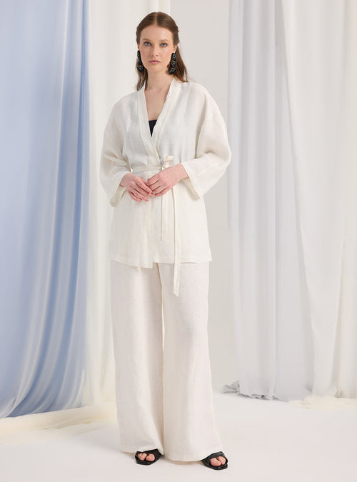 100% Washed Linen White Kimono & Trouser Set - Store WF