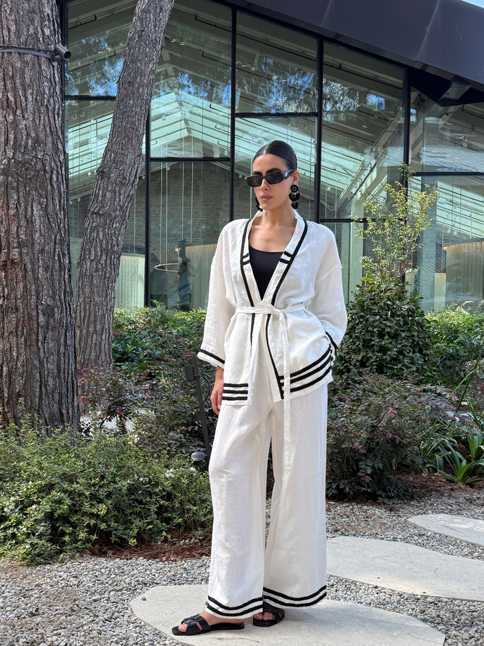 100% Washed Linen White Kimono & Trouser Set - Store WF