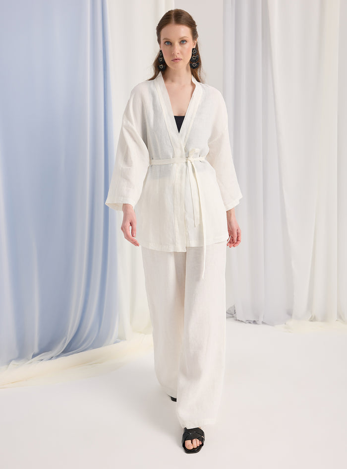 100% Washed Linen White Kimono & Trouser Set - Store WF