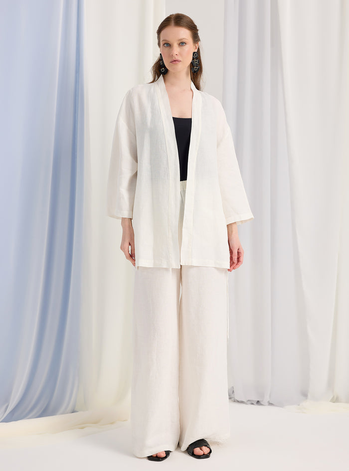100% Washed Linen White Kimono & Trouser Set - Store WF
