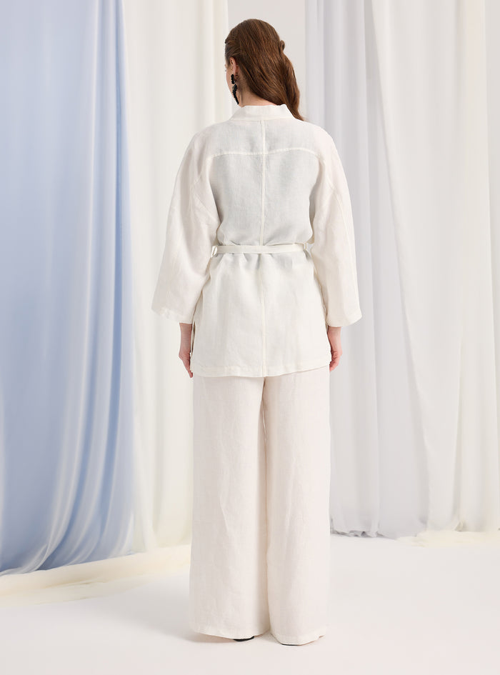 100% Washed Linen White Kimono & Trouser Set - Store WF