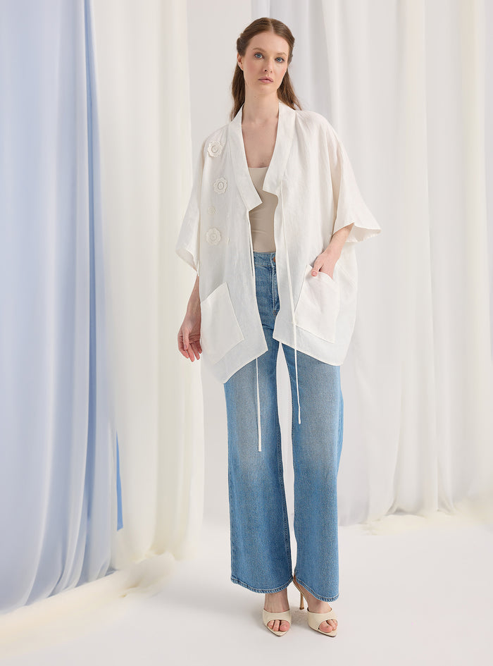 100% Washed Linen White Kimono - Store WF