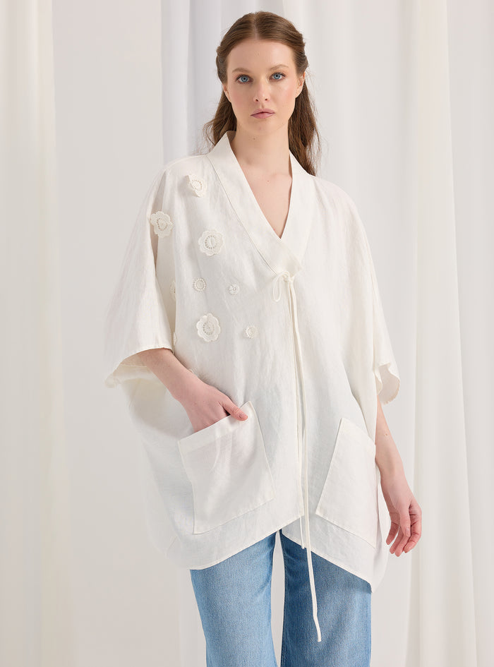 100% Washed Linen White Kimono - Store WF