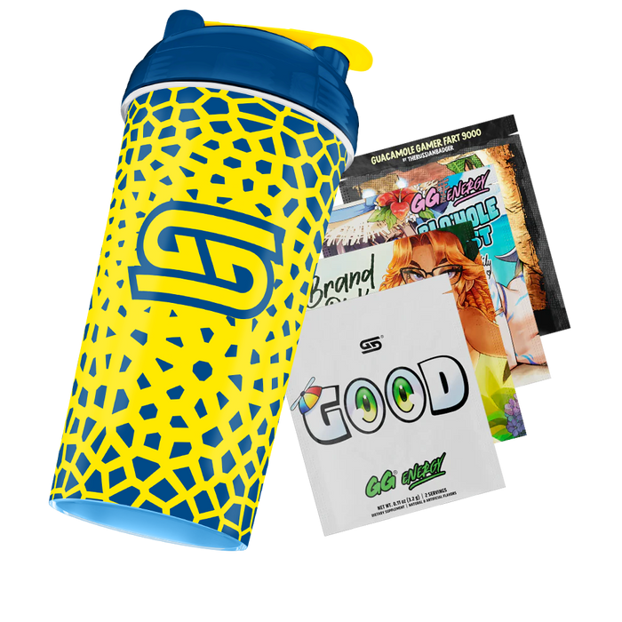 Yellow and blue shaker bottle with a geometric Komodo dragon scale pattern and a blue lid with yellow flip cap.