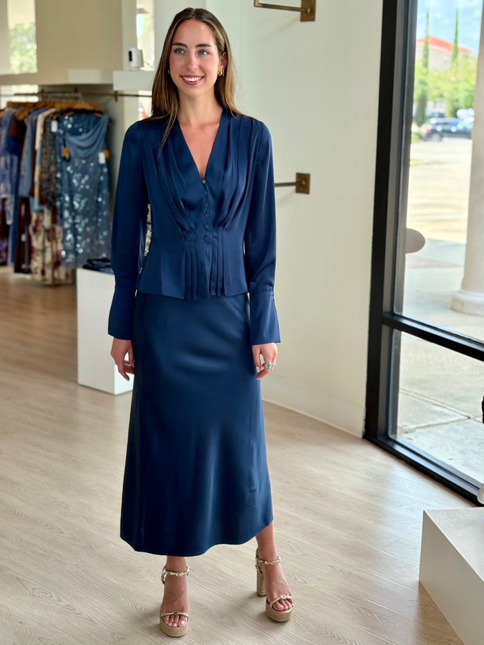 Fa8010 Navy Satin Midi Skirt