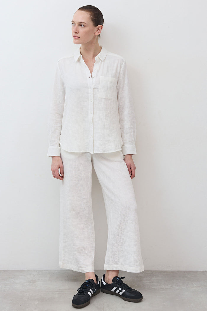 Marshmallow wide-leg pants with roomy legs and textured weave, full-length drape