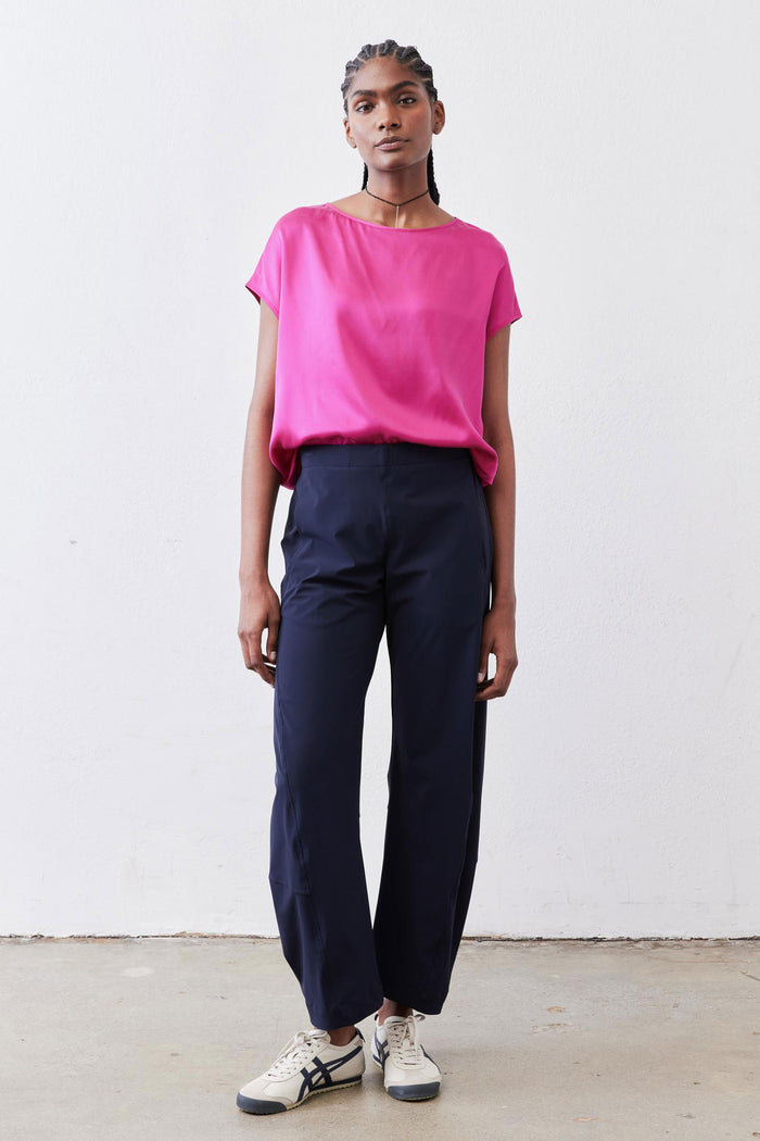 Fuchsia silk blouse with short sleeves and relaxed drape, crew neckline