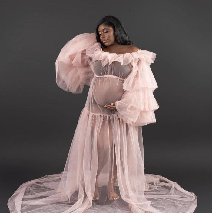 Amber Dress - Off-Shoulder Tulle Maternity Overlay Dress - Dimaz