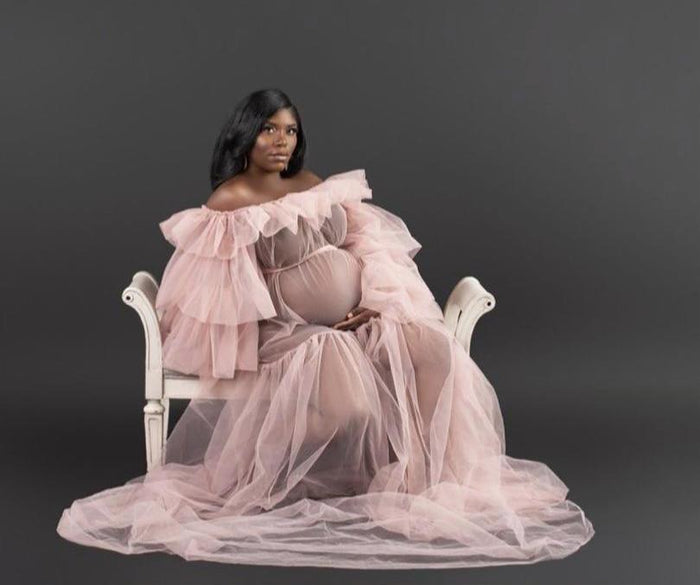Amber Dress - Off-Shoulder Tulle Maternity Overlay Dress - Dimaz