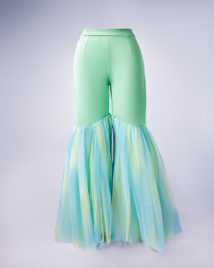 Flowing green Aqua Bloom Tulle Trouser Pants with custom-made design by DIMAZ.