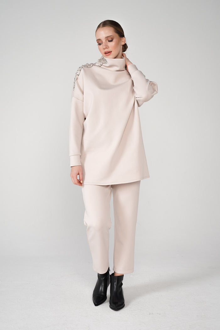 Beige High Neck Scuba Tracksuit Set - Store WF