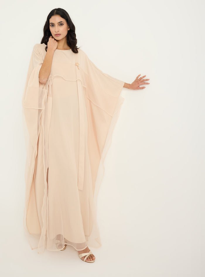 Beige Organza Double Layer Kaftan Dress - Store WF