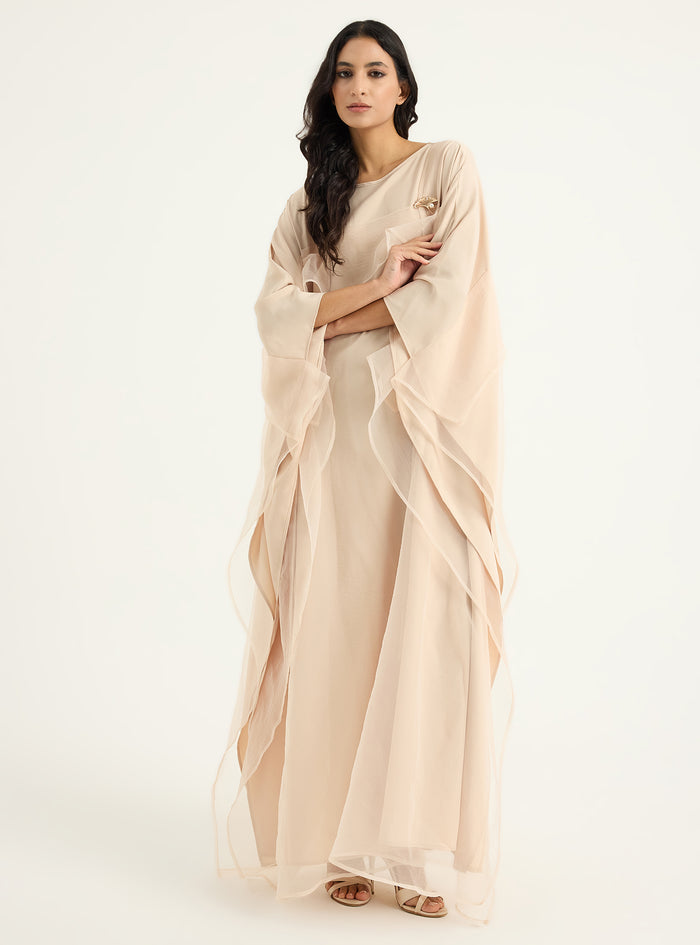 Beige Organza Double Layer Kaftan Dress - Store WF