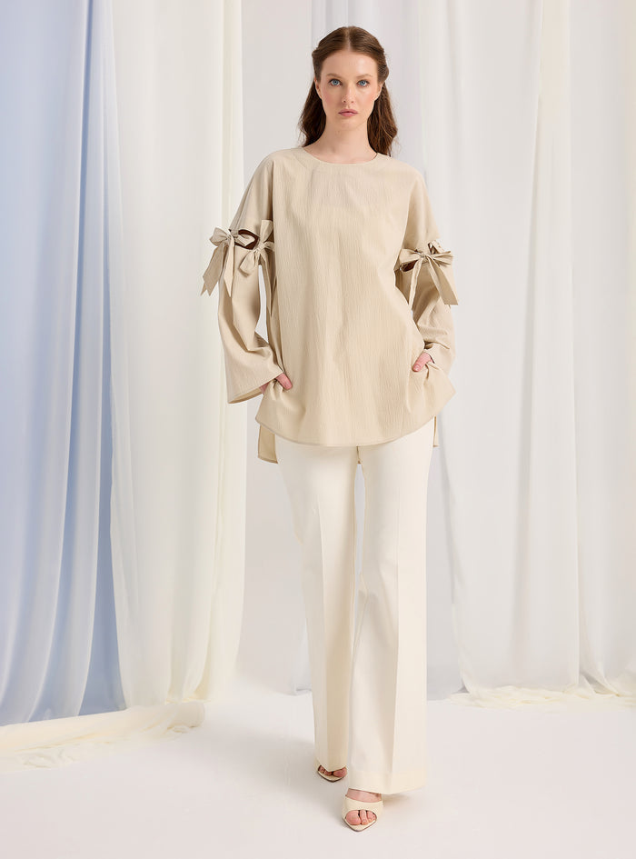 Beige Top With Sleeve Ties - Store WF
