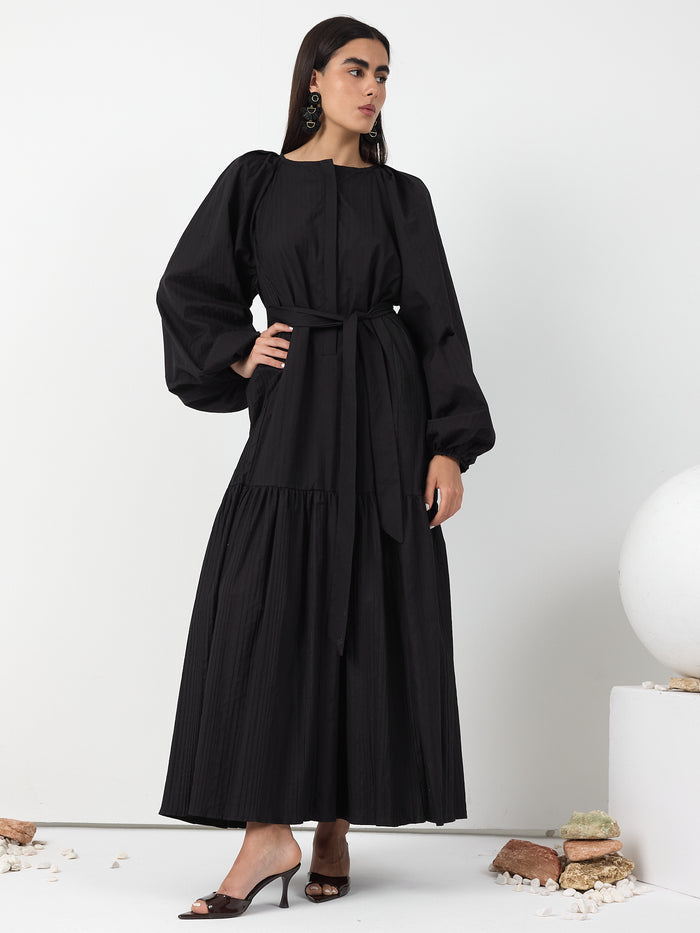 Black Belted Cotton Dress - Store WF