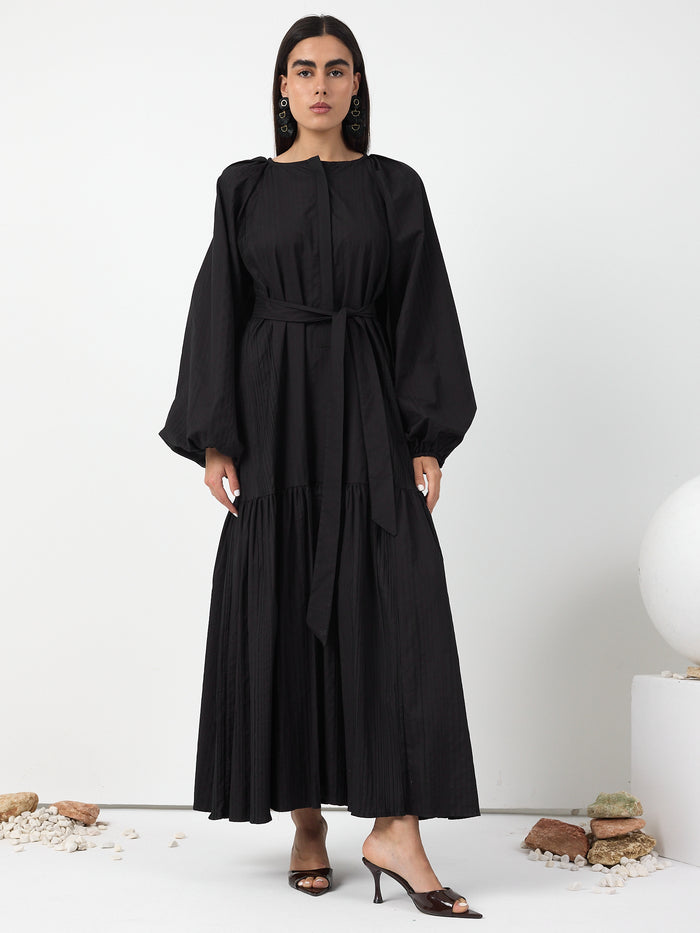 Black Belted Cotton Dress - Store WF