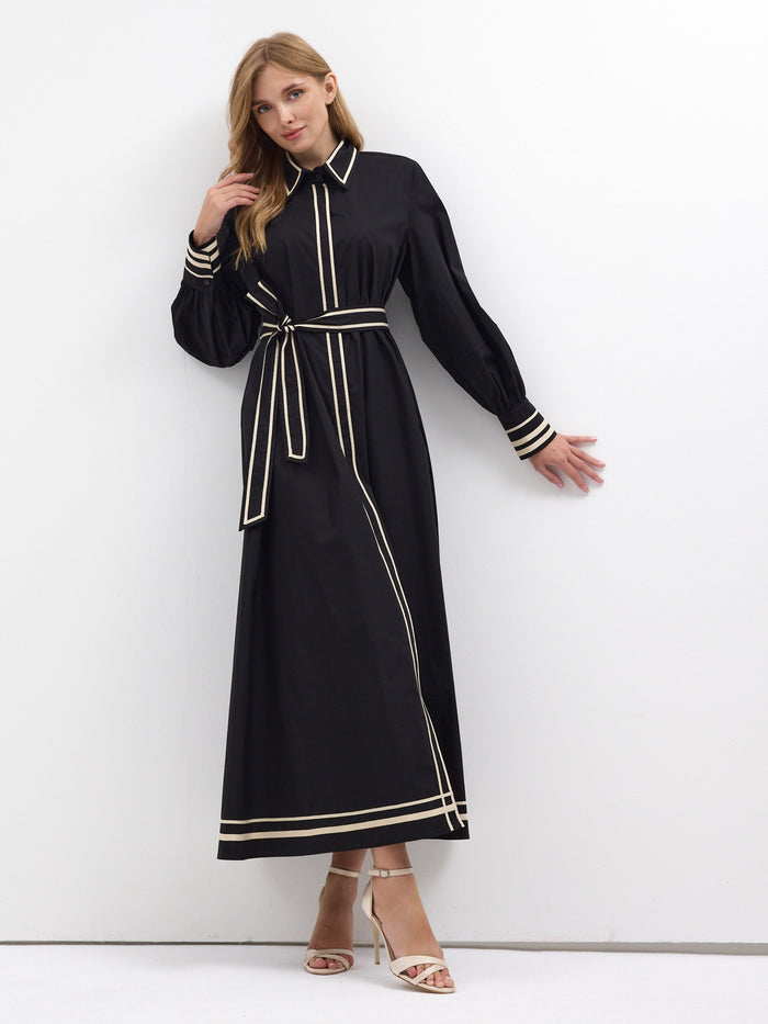 Black Cotton Maxi Dress with Beige Grosgrain Trim - Store WF