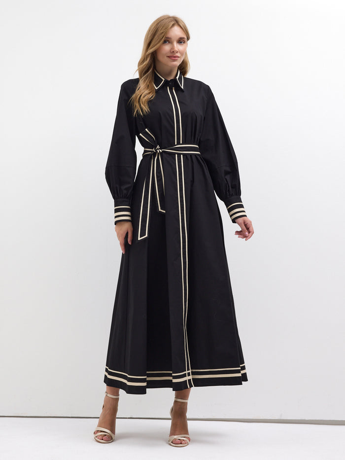 Black Cotton Maxi Dress with Beige Grosgrain Trim - Store WF