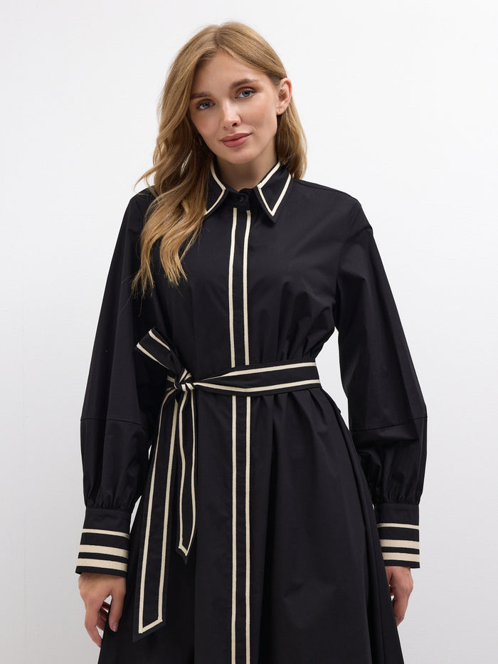 Black Cotton Maxi Dress with Beige Grosgrain Trim - Store WF