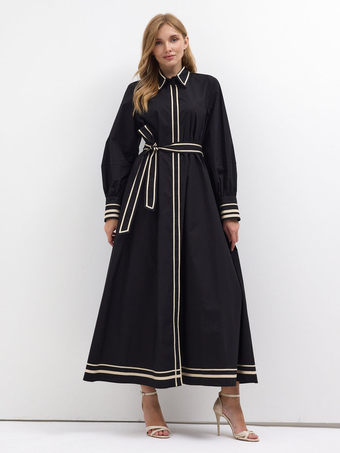 Black Cotton Maxi Dress with Beige Grosgrain Trim - Store WF