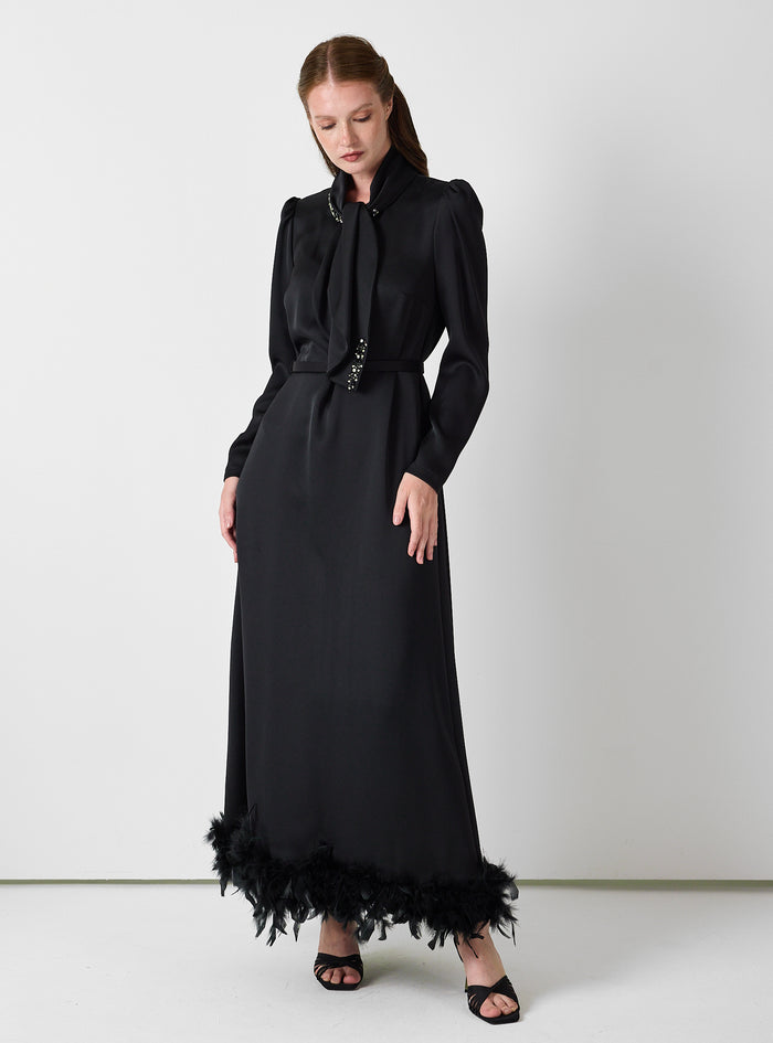 Black Feather-Trim Maxi Dress with Embellished Scarf Detail - Store WF