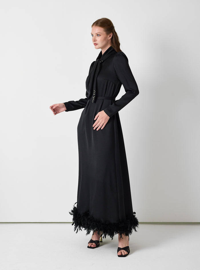 Black Feather-Trim Maxi Dress with Embellished Scarf Detail - Store WF