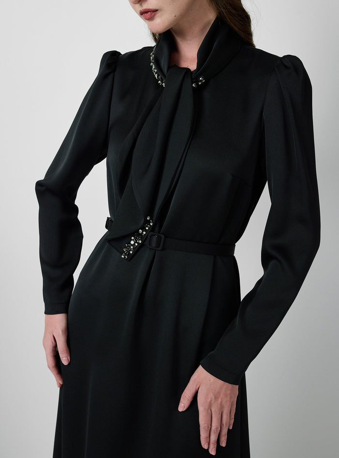 Black Feather-Trim Maxi Dress with Embellished Scarf Detail - Store WF