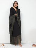 Black Gold Fringed Kaftan Dress With Tie Neck Detailed - Store WF