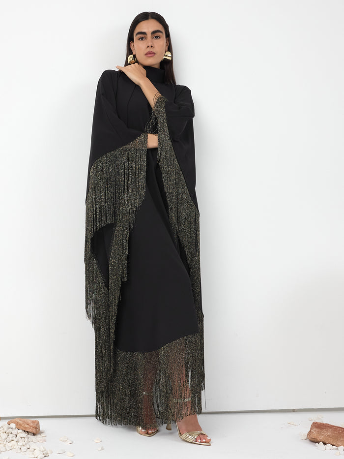Black Gold Fringed Kaftan Dress With Tie Neck Detailed - Store WF