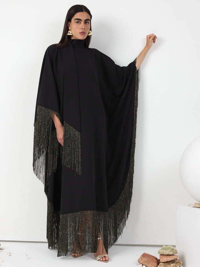 Black Gold Fringed Kaftan Dress With Tie Neck Detailed - Store WF